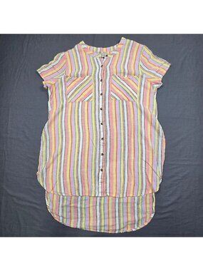 Woman Within 14/16 M Womens Striped Button Down Short Sleeve Shirt Linen Blend
